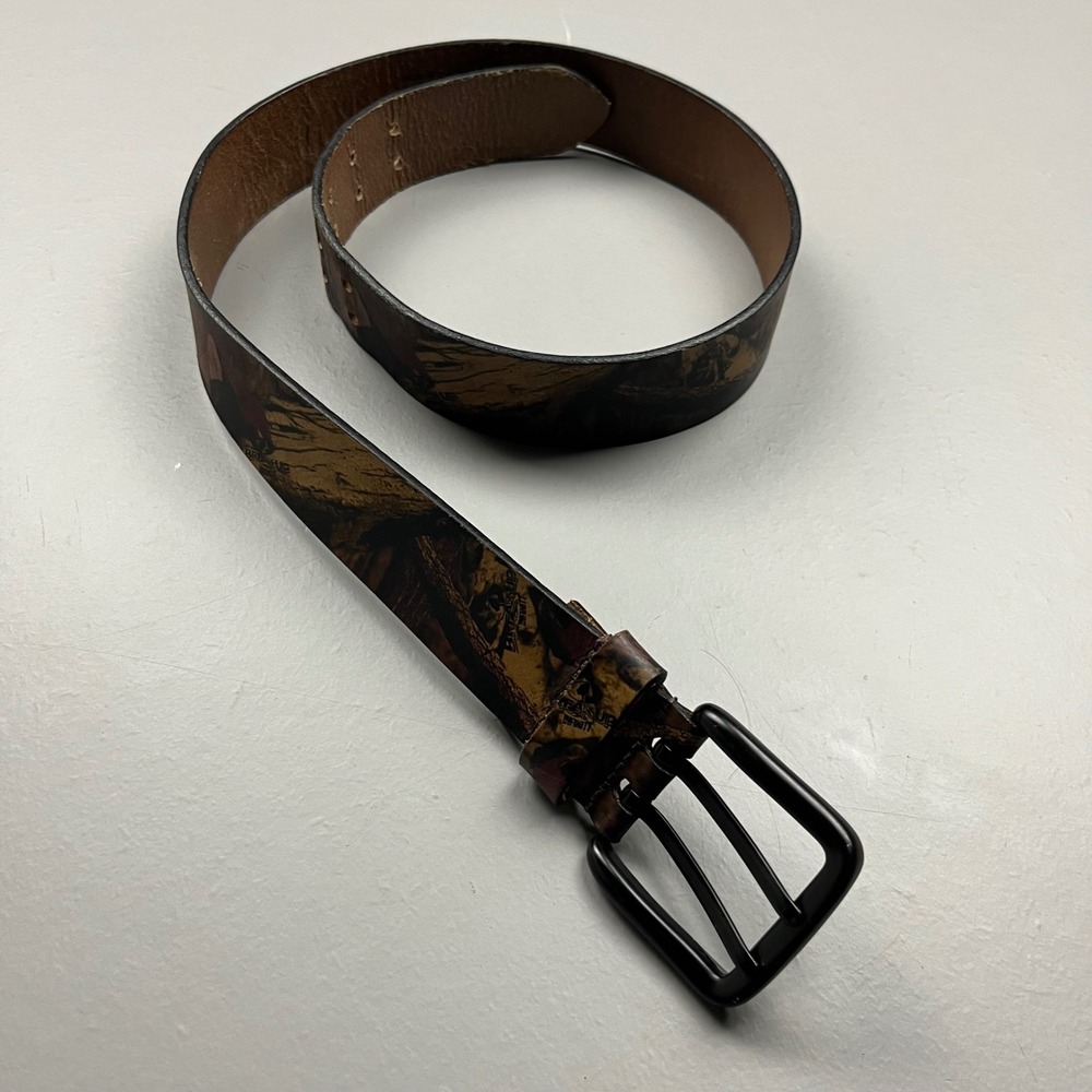 Mossy Oak Belt Mens 34 Brown Camo Break-Up Infinity Genuine Leather Double Prong